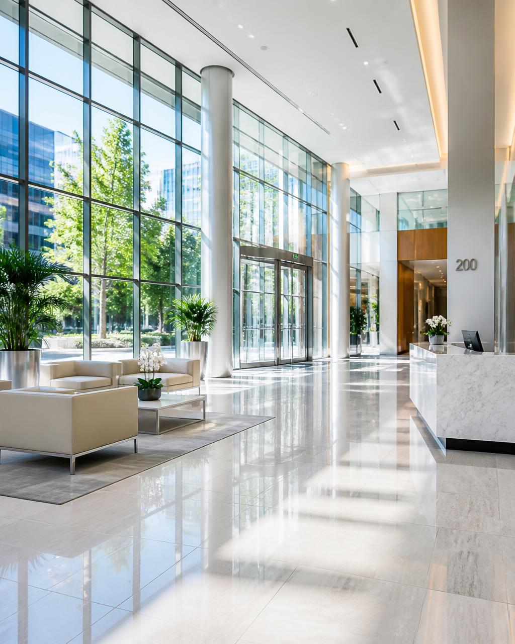 Pristine glass-walled corporate lobby with bright daylight and polished floors